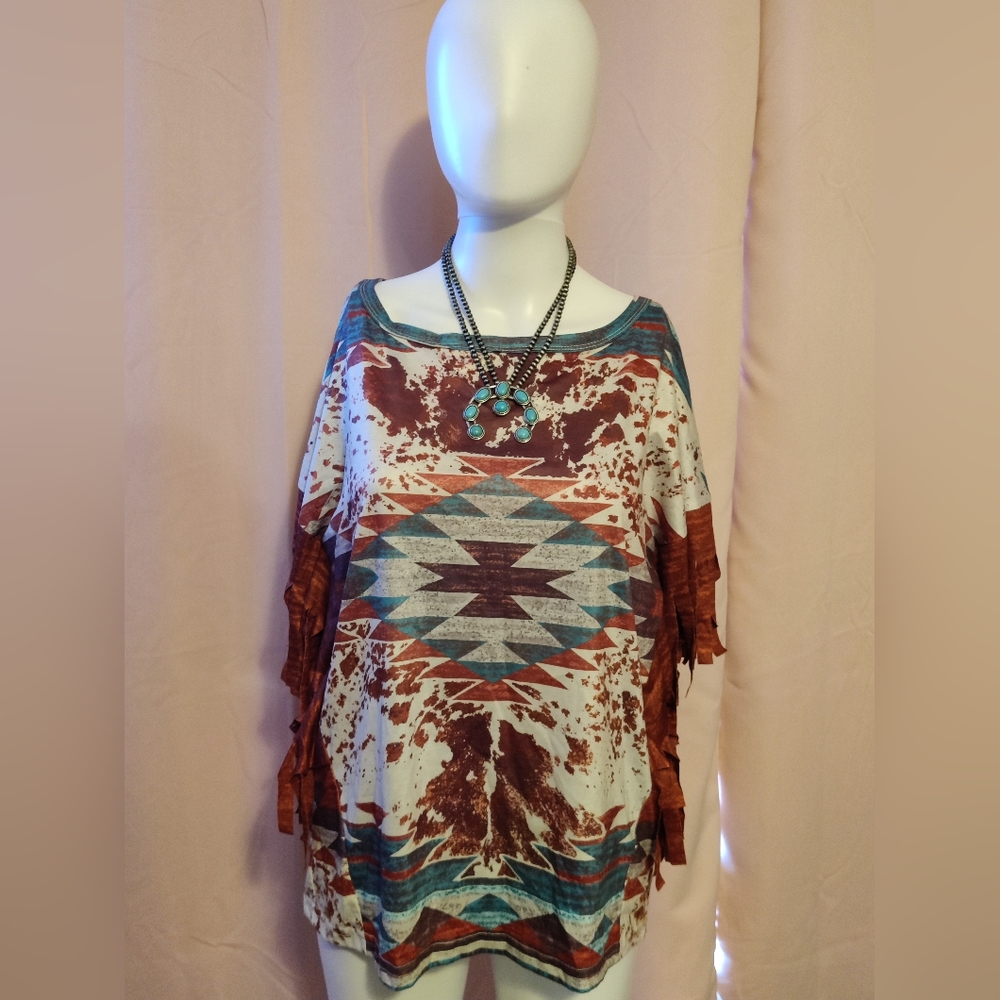 NW-UPC Vintage Tassel Abstract Blouse Cow Print